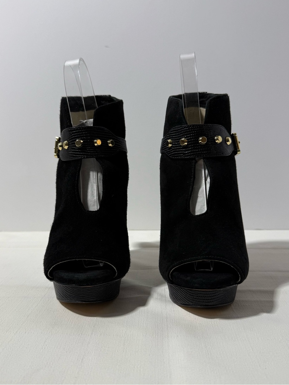 Michael Kors Ailee Black Suede Studded Peep Toe Platform Booties Size 6